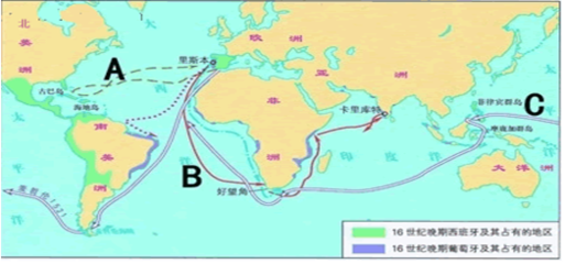 閱讀下列材料:請回答:材料一新航路開辟示意圖:(1)根據材料一&ldquo;新航路開辟示意圖&rdquo;中寫出A、B、C三條航線的開辟者分別是誰?(2)簡述新航路的開辟對世界歷史的發展產生了怎樣_作業幫